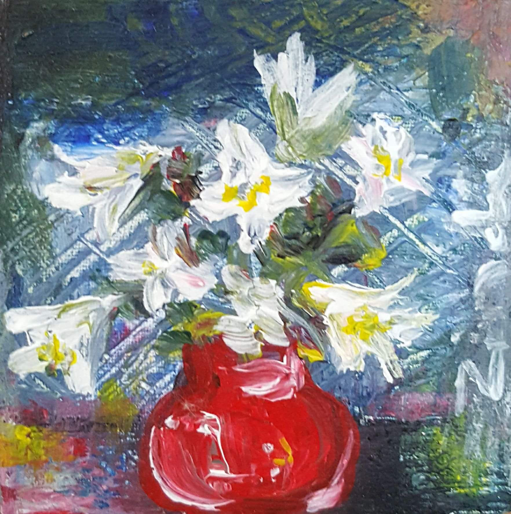 "Lillies in red pot"
