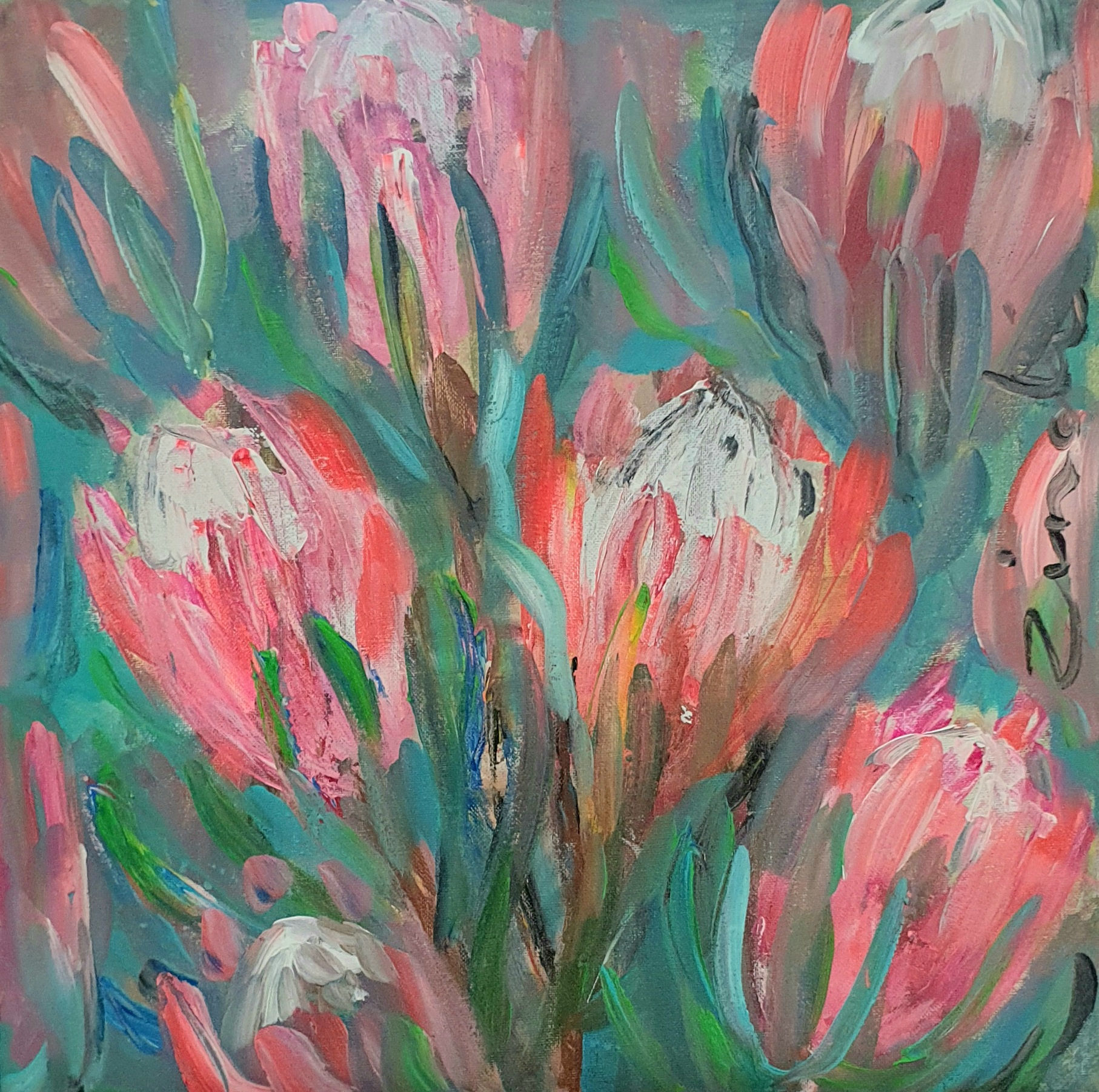 "Colourful protea 4" 45 x 45cm