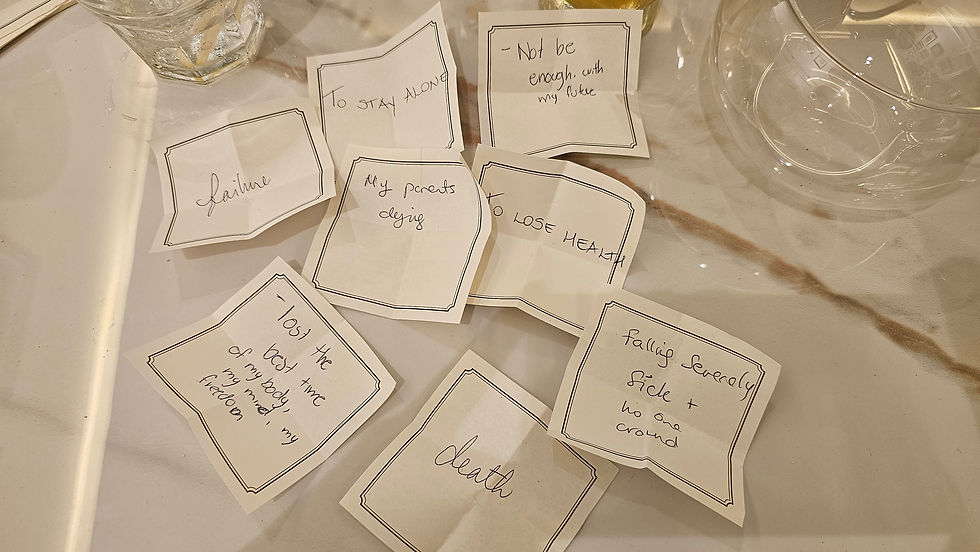 Handwritten fears on folded white note cards beside a crystal bowl at a Zero Point women's gathering at Plant Mama Al Manara, Dubai