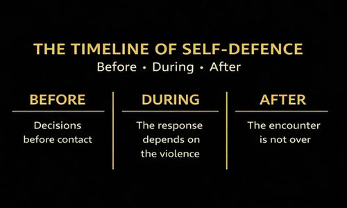 Text image titled "The Timeline of Self-Defence," showing stages: Before (Decisions before contact), During (Response based on violence), After (Encounter not over). Black background with gold text.