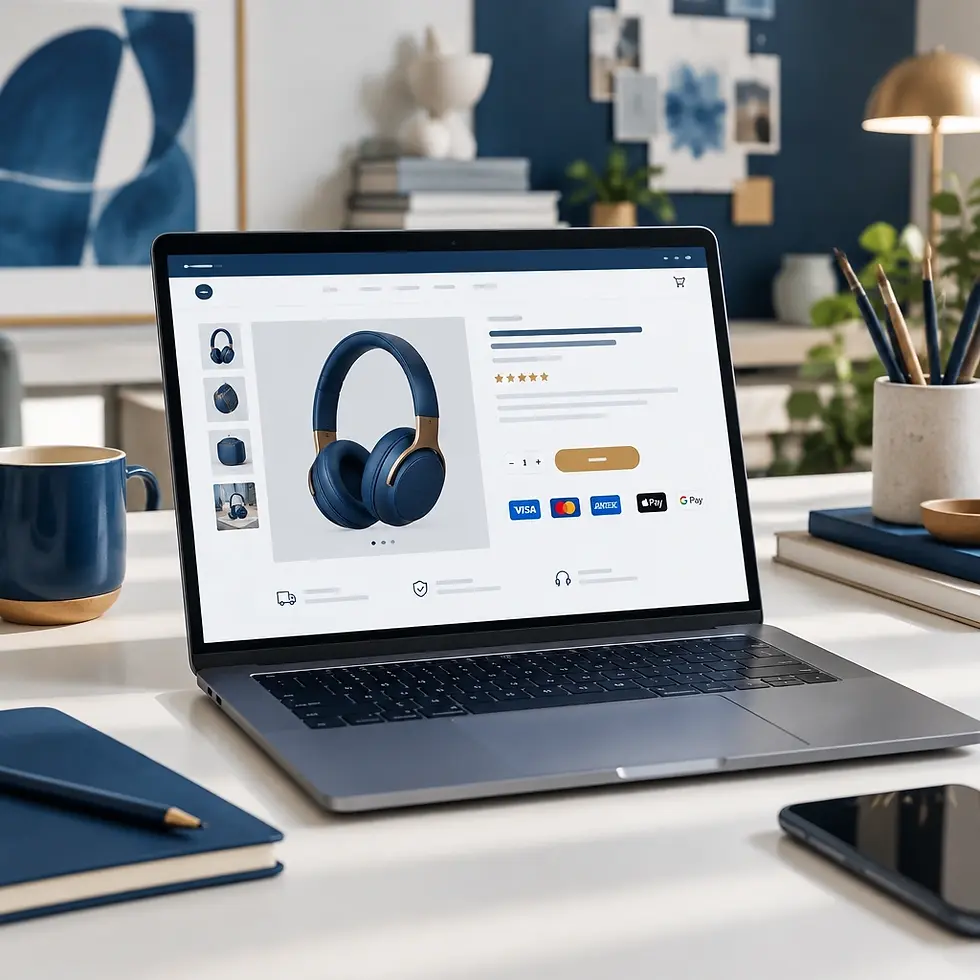 Studio photography of an open laptop on a desk displaying an online store product page for blue headphones. A clean, modern workspace environment is visible in the background.