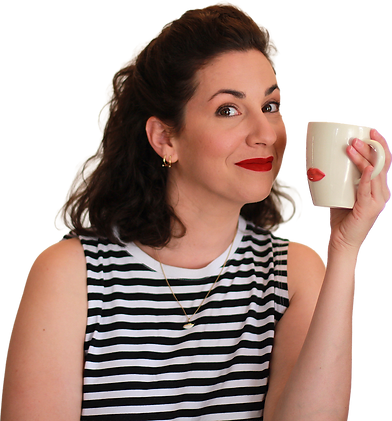 Smiling woman with red lipstick holding a mug