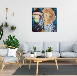 Angel, tableau toile peinture d'une petite fille tenant une lanterne entre les mains. Aide les parents au deuil périnatal. popart, coloré