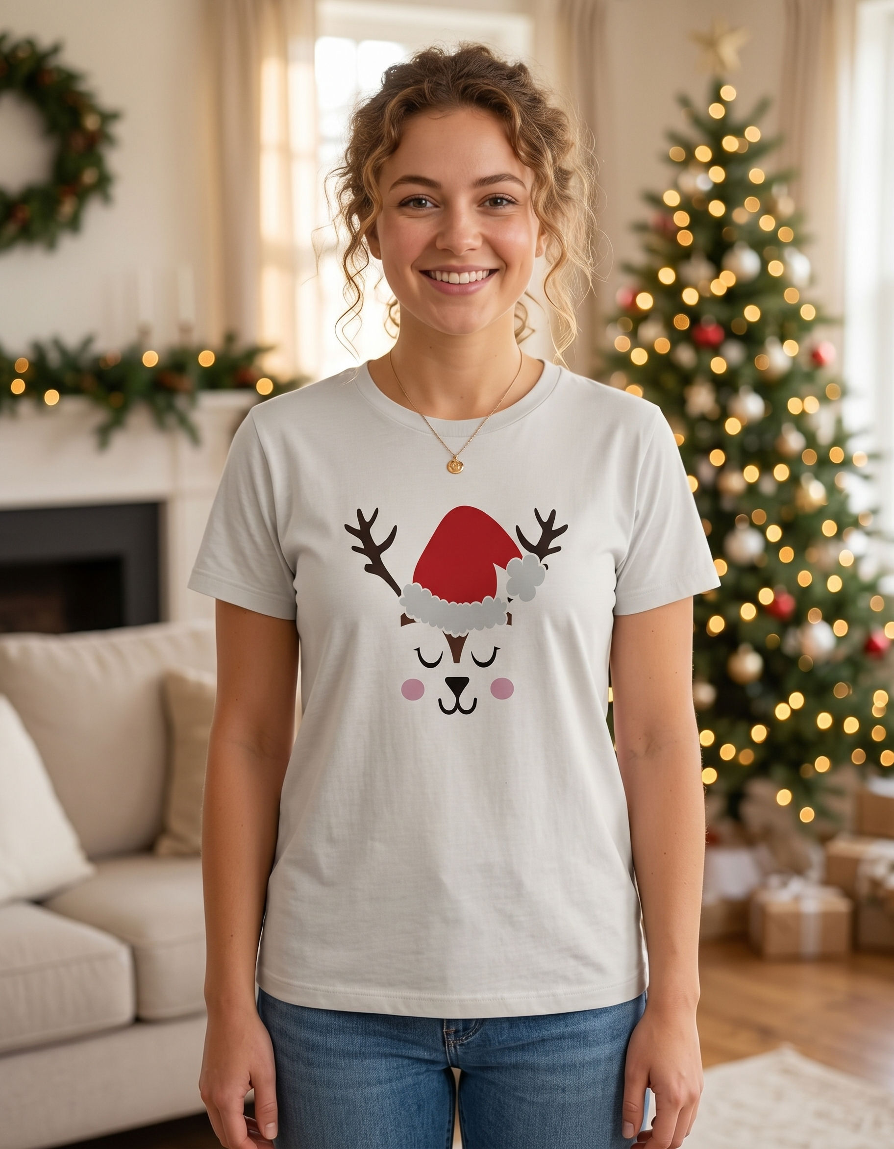 Cute Reindeer with Santa Hat T-Shirt