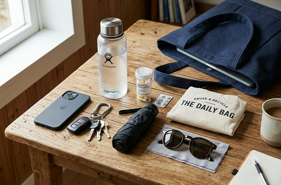 A flat lay of essential items placed on a desk, including a phone, keys, water bottle, medication, umbrella, and glasses, representing preparation and everyday independence.