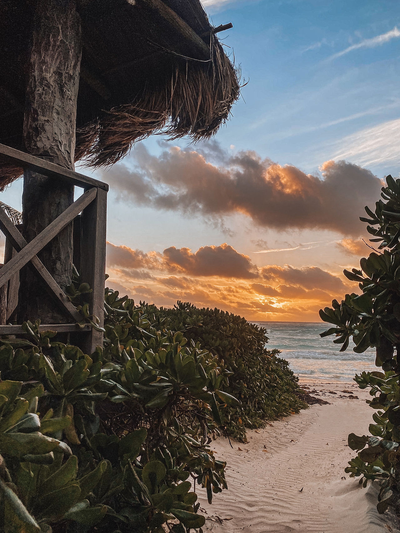 Gorgeous sunset at Tulum beach at Nueva Vida Hotel