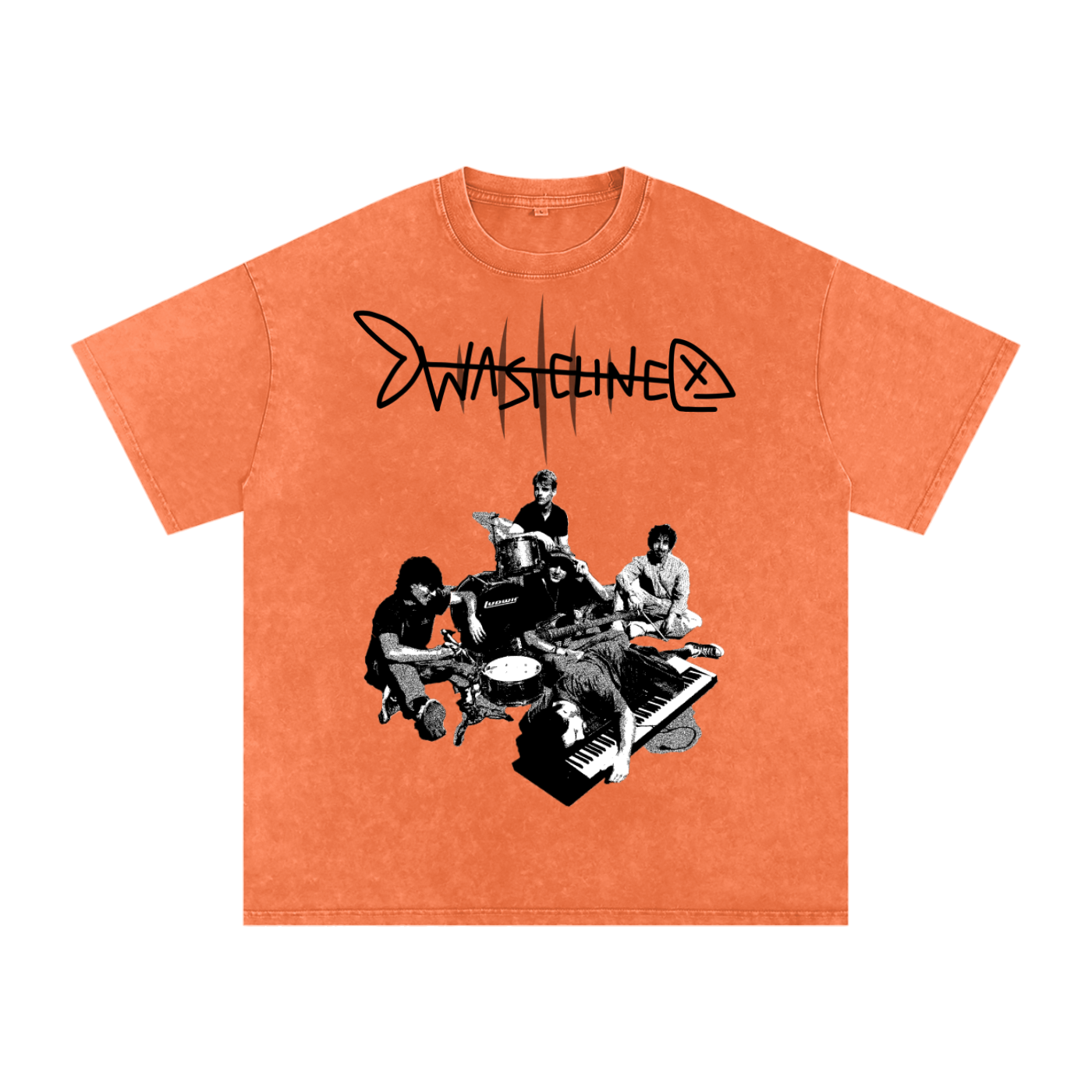 Wastelined Fish Band Snow Washed Oversized Cotton T-Shirt