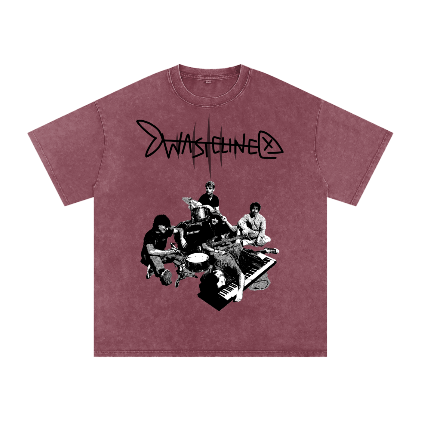 Wastelined Fish Band Snow Washed Oversized Cotton T-Shirt