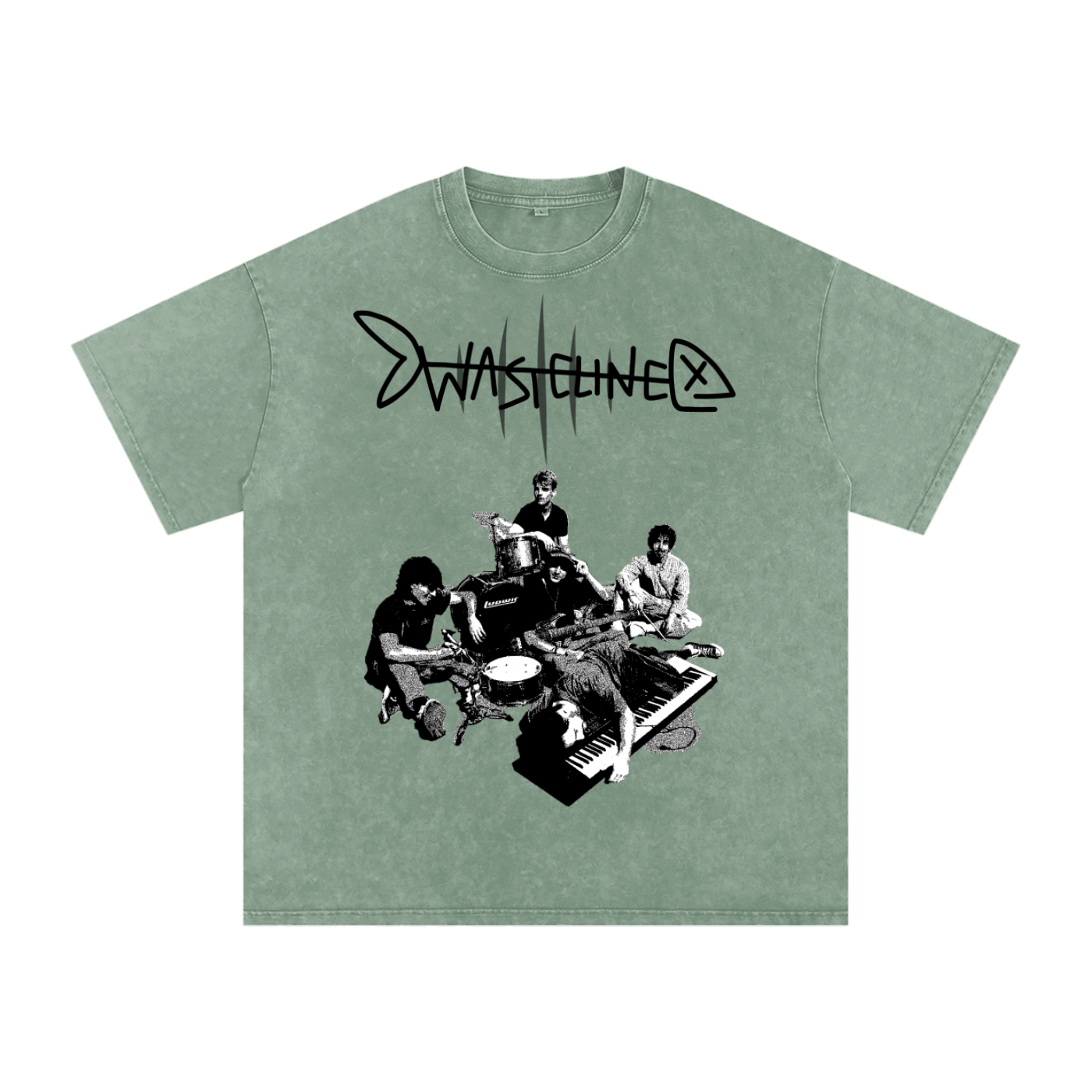 Wastelined Fish Band Snow Washed Oversized Cotton T-Shirt