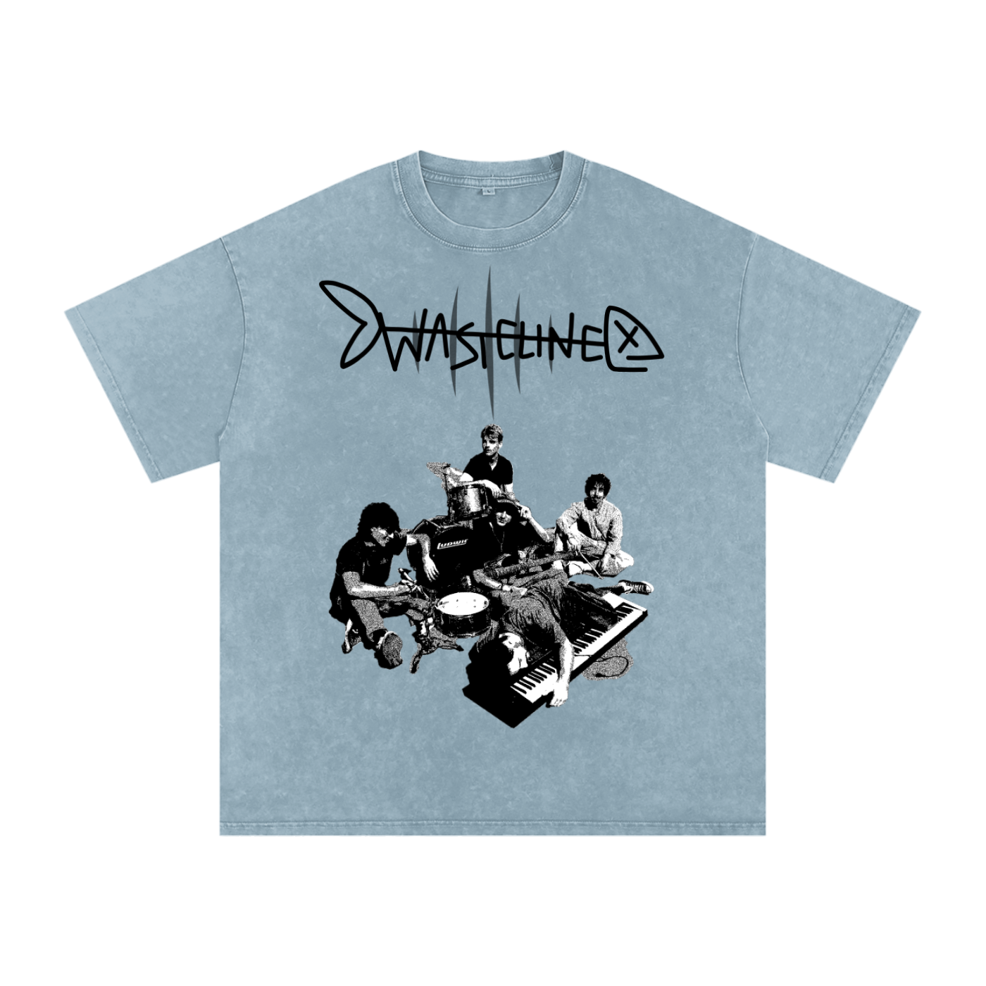 Wastelined Fish Band Snow Washed Oversized Cotton T-Shirt