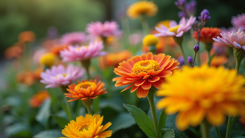 Close-up view of a diverse array of vibrant flowers in a well-arranged garden