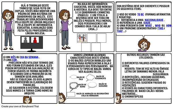 Quadrinho apresentando as regras para a elaboração do trabalho do sexto ano.
