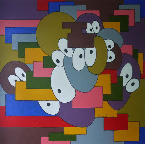 A colourful abstract painting of different observers