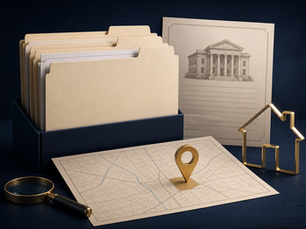 Property research packet with folders, map, and public record documents laid out for review.