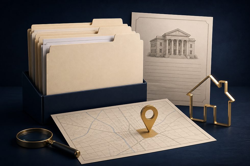 Property research packet with folders, map, and public record documents laid out for review.