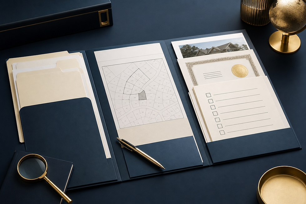 Folder of organized property research documents and public records.