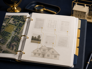 Open property research packet with public-record folders and map
