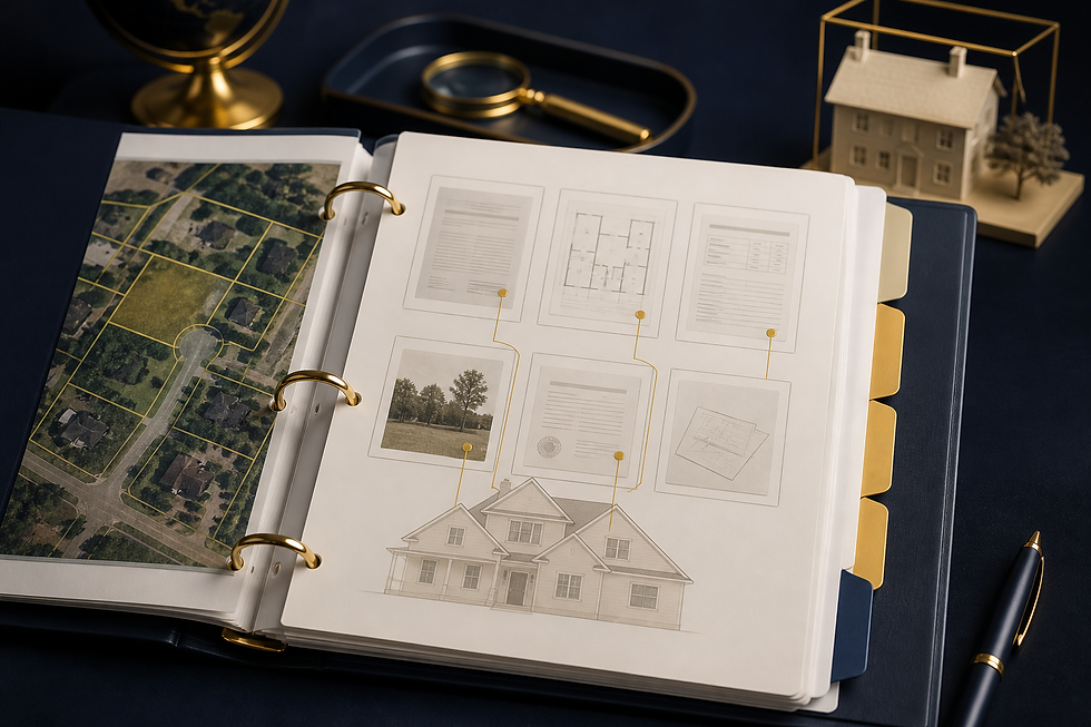 Open property research packet with public-record folders and map