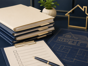 Pre-closing property research documents and house blueprint
