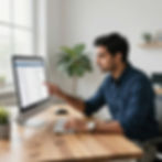Man pointing at property data on a desktop computer monitor