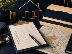 Checklist on a clipboard with a house icon, magnifying glass, folders, and a property map.
