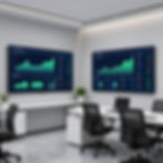 Conference room with wall screens displaying rising market trend charts