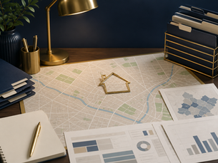 Neighborhood map with a house icon, folders, and data charts on a desk.