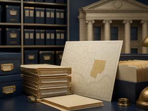 Filing boxes and folders with a courthouse building and property map in the background.