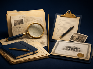Public record research folders and map beside inspection and review documents.