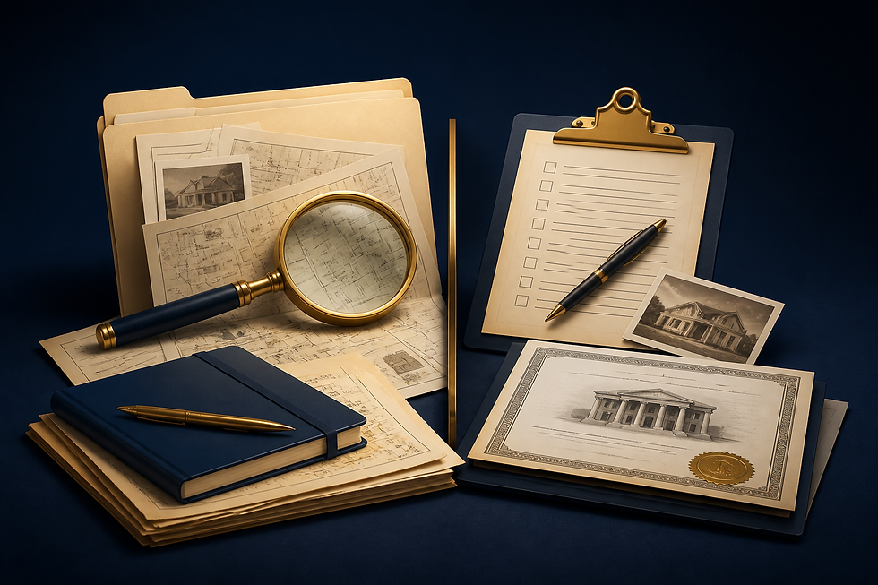 Public record research folders and map beside inspection and review documents.