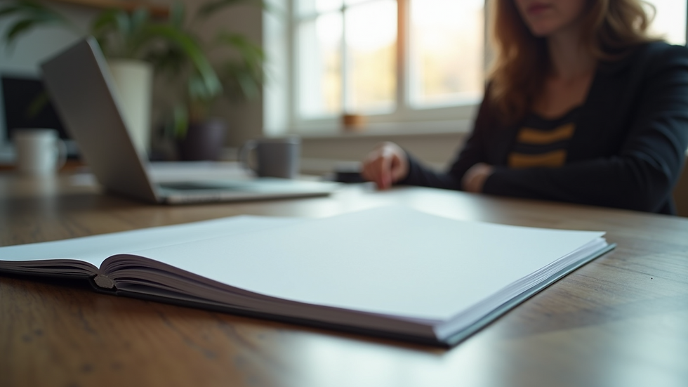 Eye-level view of a professional portfolio displayed on a desk