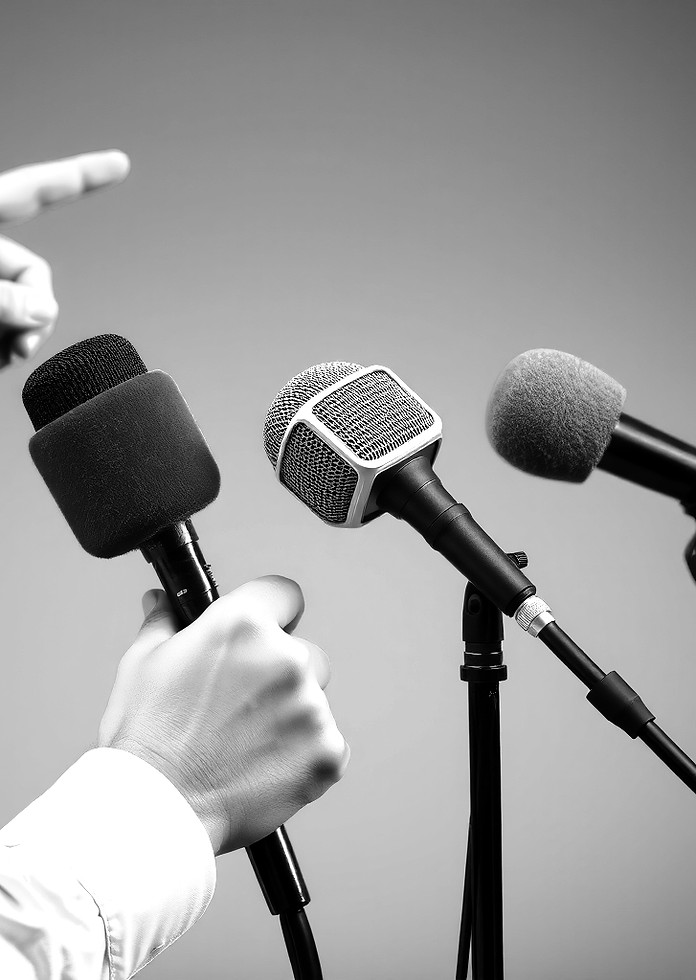 high quality photo of microphones pointing in an interviewer's without showing any logo in