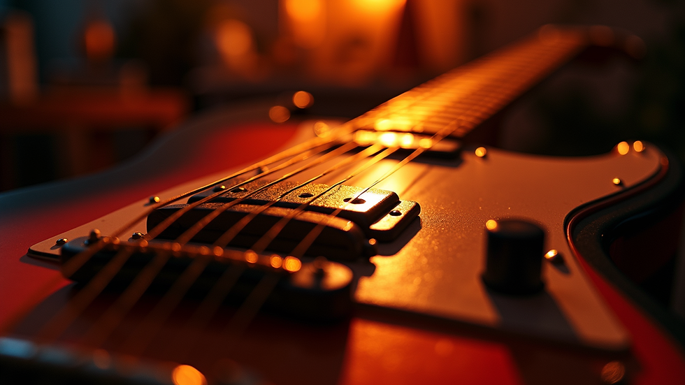 Close-up view of a glowing guitar strap on an electric guitar