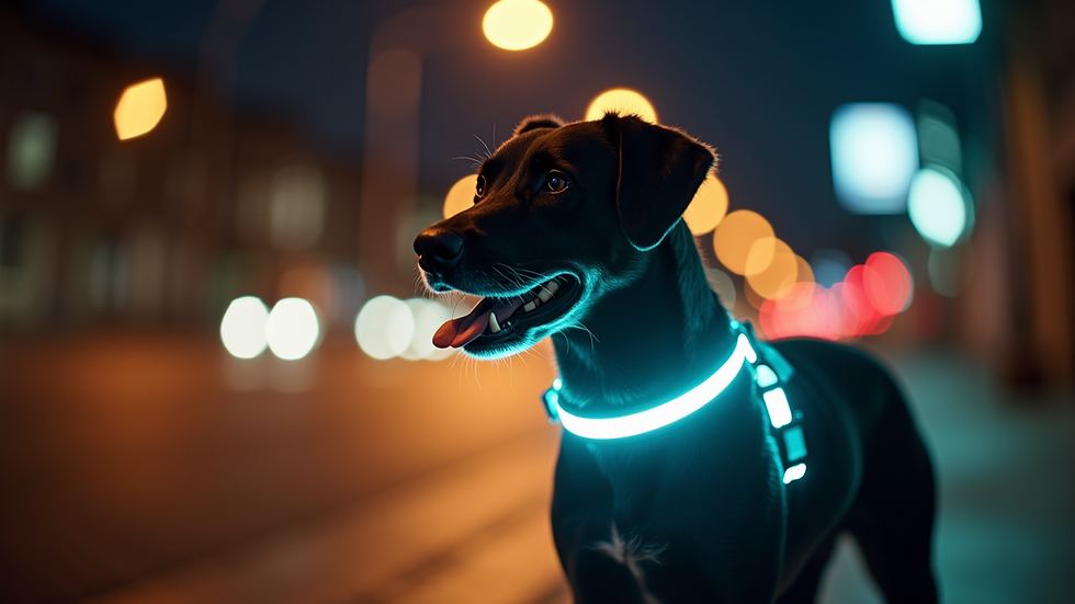 Close-up view of a reflective dog harness glowing under streetlights