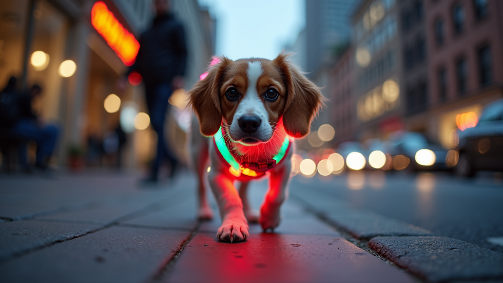 Eye-level view of a dog wearing a colorful LED harness on a city sidewalk