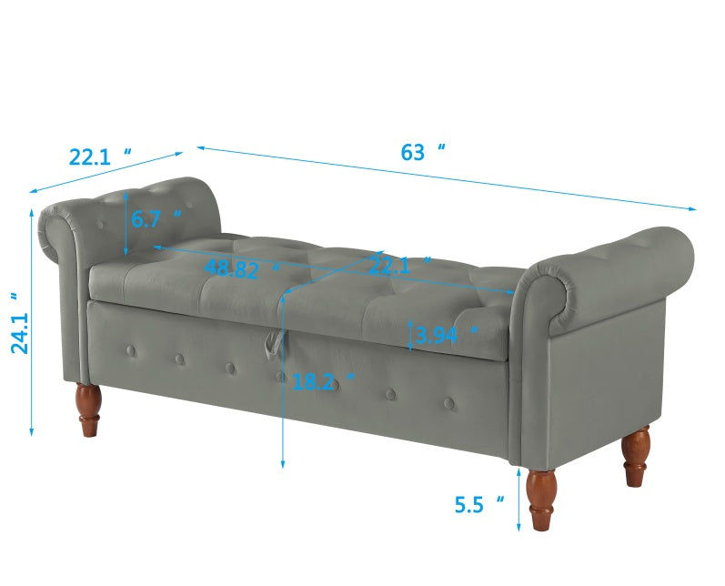 Thumbnail: Velvet Multifunctional Storage Rectangular Sofa Stool - Grey