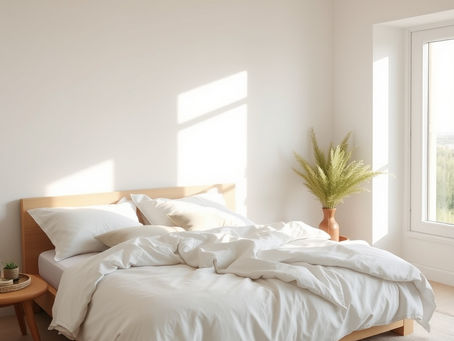 minimalist bedroom filled with soft morning light, crisp linen sheets, and natural elements like a green houseplant or pampas grass.