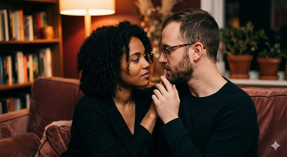 A couple sitting close with the women touching the mans lips with her fingers.