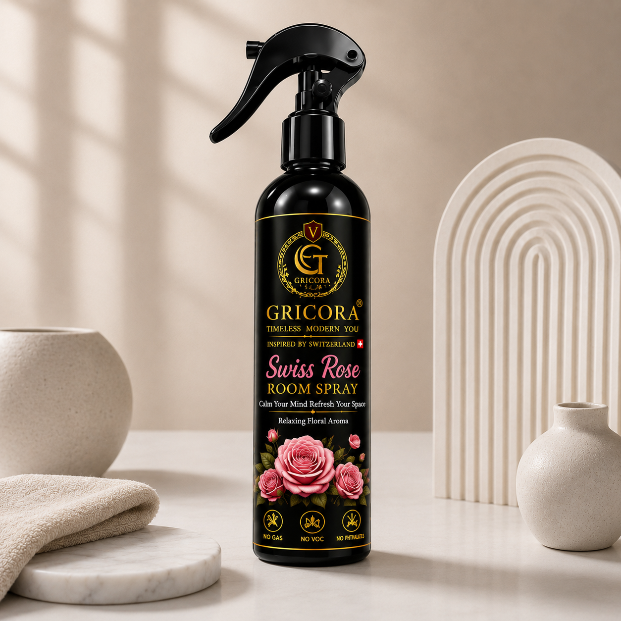 GRICORA Swiss Rose Room Spray in a 200ml black bottle