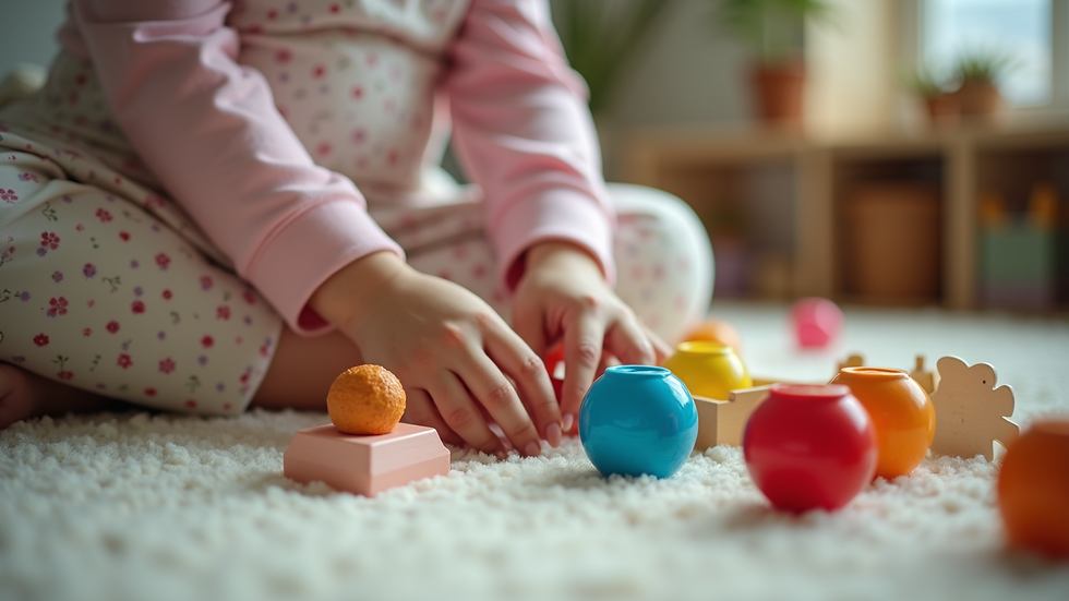 Close-up view of a nanny’s hands arranging children’s toys in a playroom