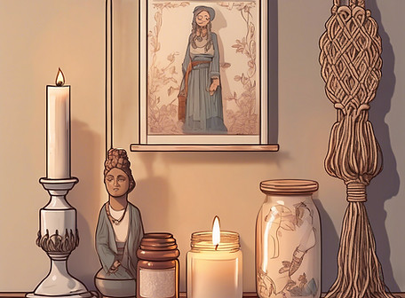 jar candle on a shelf with figurines, next to a picture on wall, and macrame_.jpg