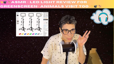 ASMR LED Light review for greenscreen - animals visit too. A photo of Larissa with a black background, a graphic of a chart and headphones in a cloud above them.