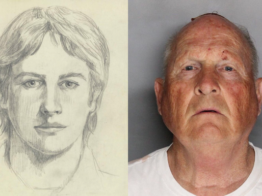 A black and white photograph of serial killer Edmund Kemper handcuffed in the back seat of a car, sitting next to a detective. Kemper, wearing glasses and a mustache, is smiling and holding a cigarette, appearing relaxed while conversing with the officer, who is also smoking. The image highlights the unusually casual rapport he maintained with law enforcement.