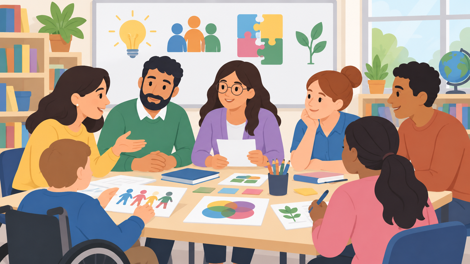 Docentes y familias trabajando en grupo durante un taller de neurodiversidad en un aula