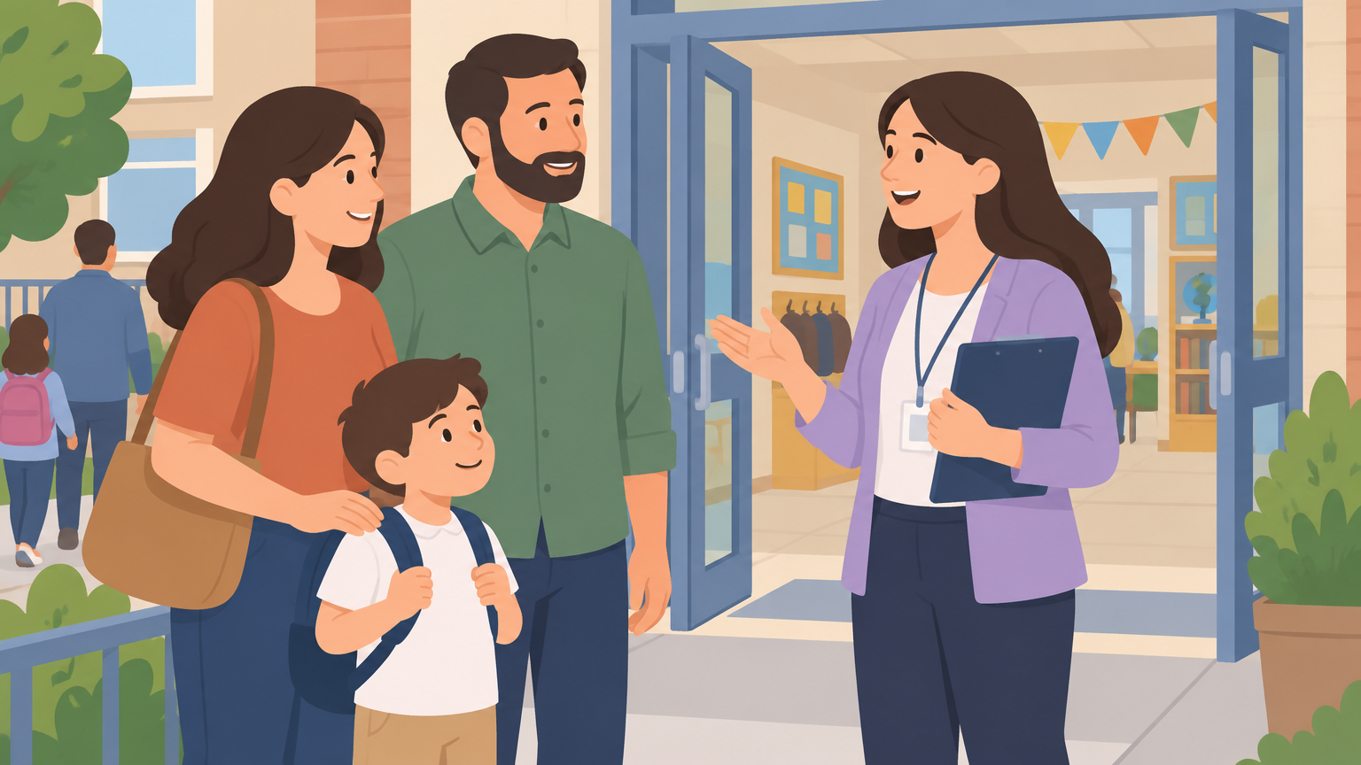 Familia hablando con una docente en una jornada de puertas abiertas de un colegio