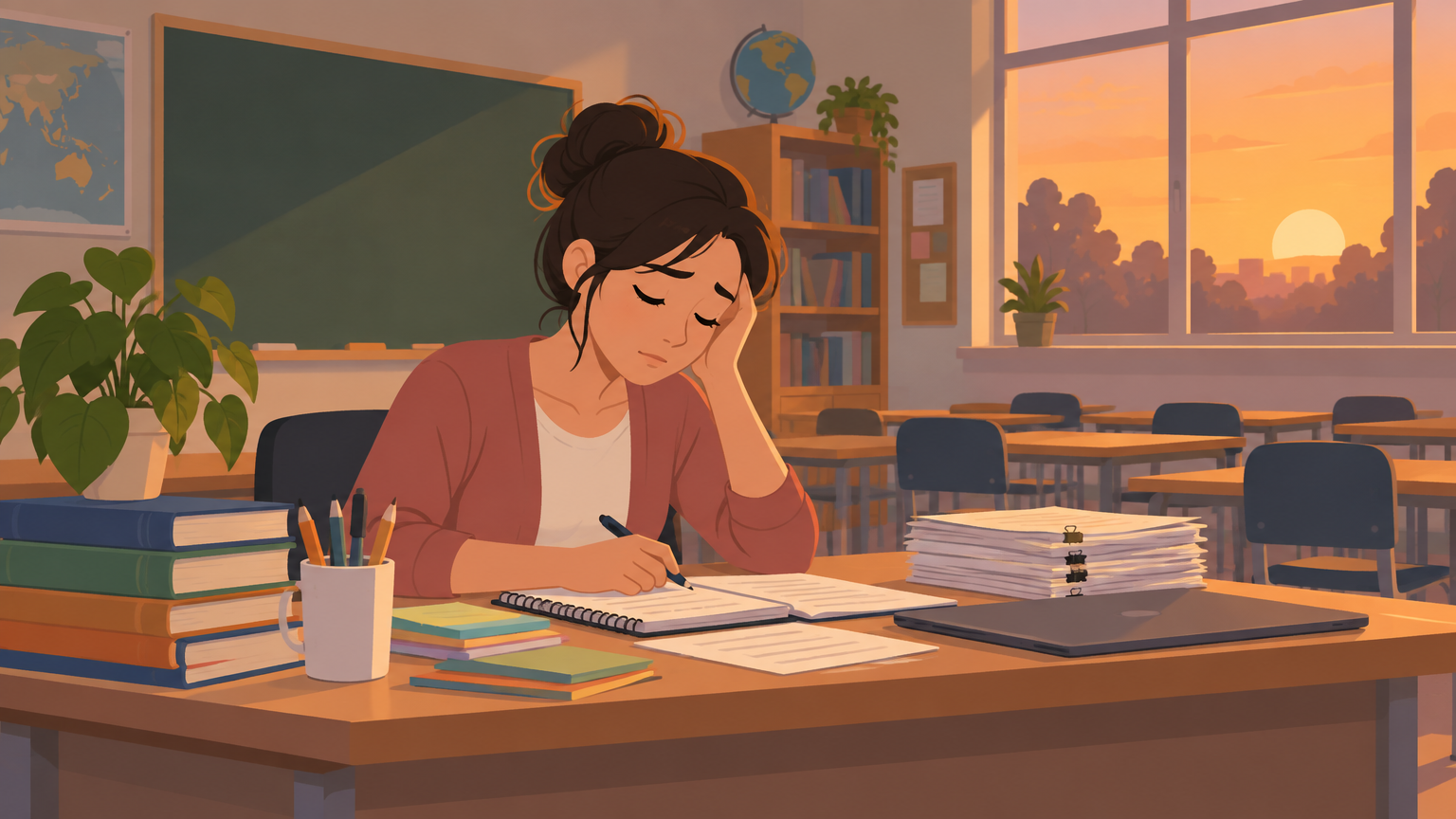 Maestra sentada en un aula vacía al final del día, con gesto de cansancio, representando el burnout docente