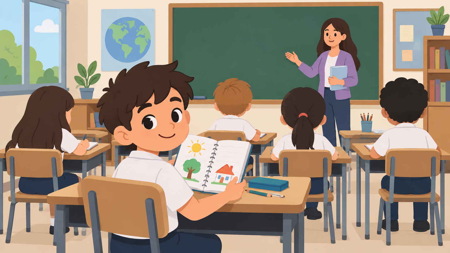 Aula tradicional con pupitres en fila y un alumno con un cuaderno de dibujos mirando por la ventana