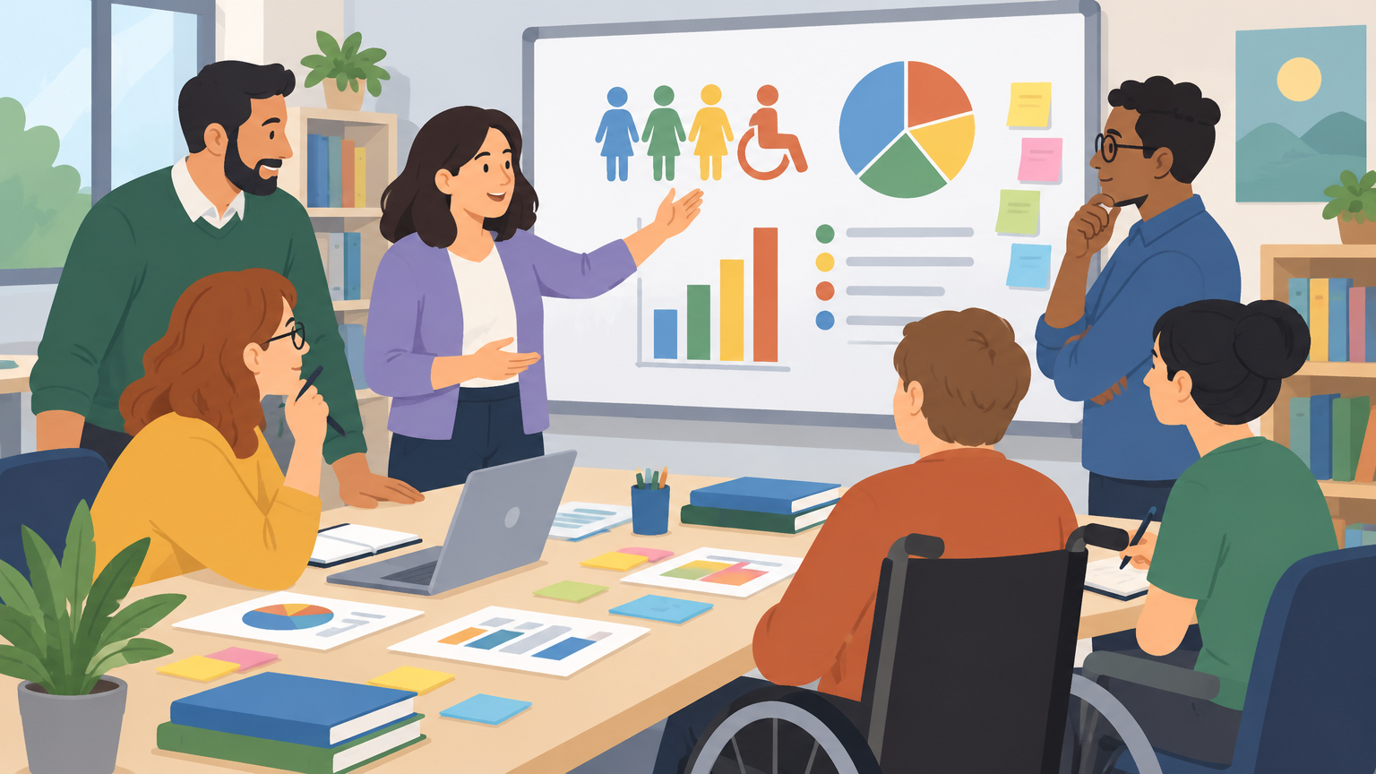 Equipo docente analizando indicadores de inclusión escolar en una reunión de trabajo