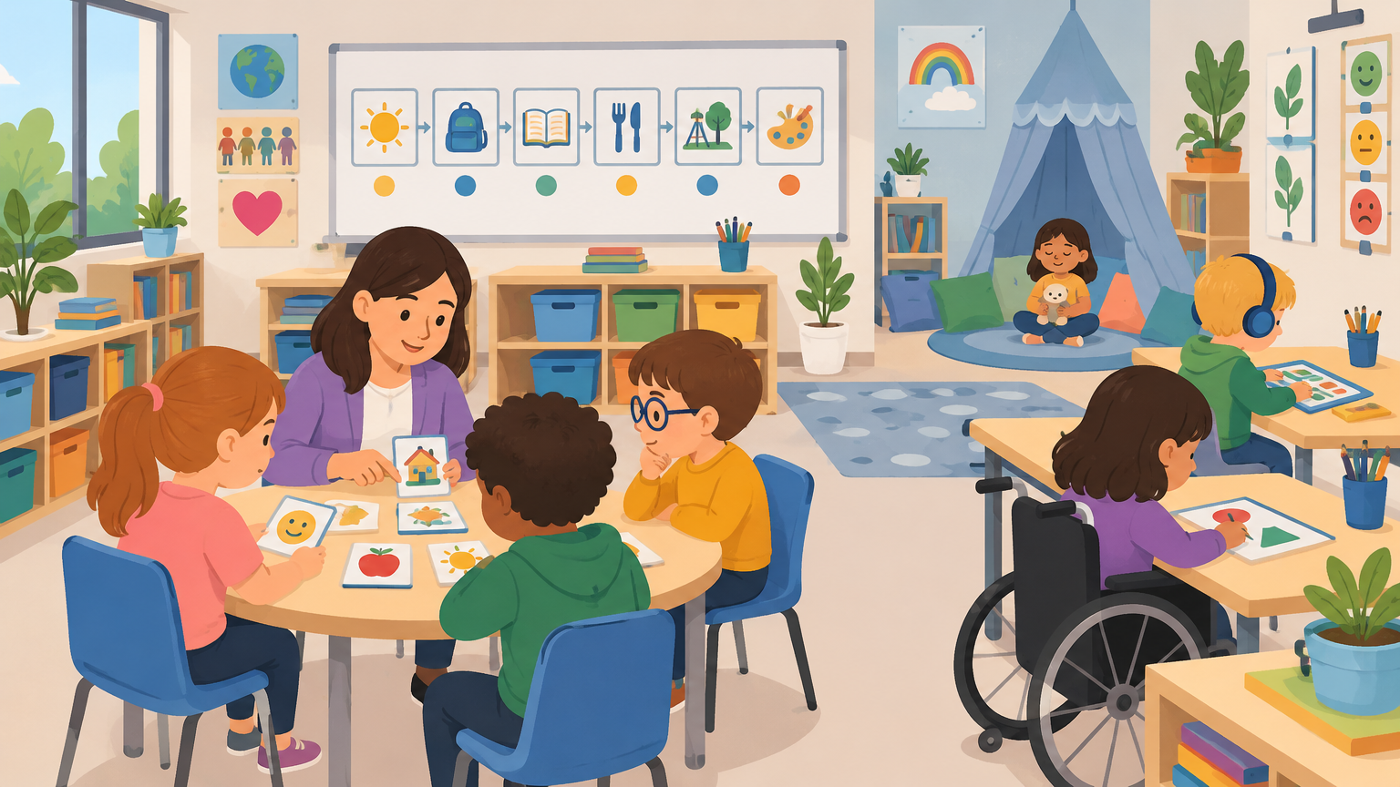Aula de una escuela neurodivergente con horario visual, rincón de calma y alumnado trabajando en grupos