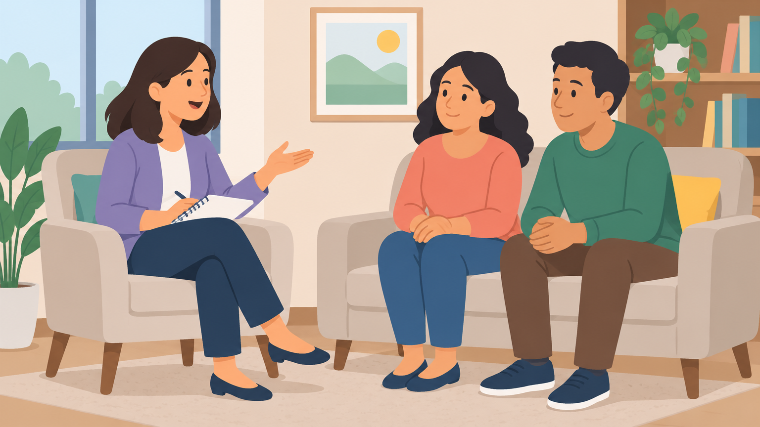 Docente conversando con una familia en una sala luminosa durante una reunión sobre neurodiversidad